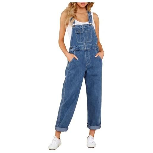 Roskiky salopette da donna in denim, elasticizzati, dritta, in jeans, vestibilità normale, con cinghie regolabili, bianco, m