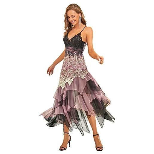 Ever-Pretty abito da ballo scollo a v tracolla regolabile elegante orlo asimmetrico vestiti da sera e cerimonia donna viola scuro 50