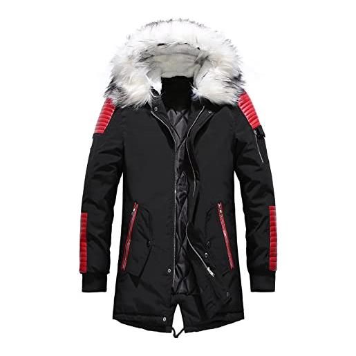 MEYOCEYO parka uomo invernale lungo caldo giubbotto con cappuccio imbottito cotone antivento casual giacca cappotto nero-rosso 3xl