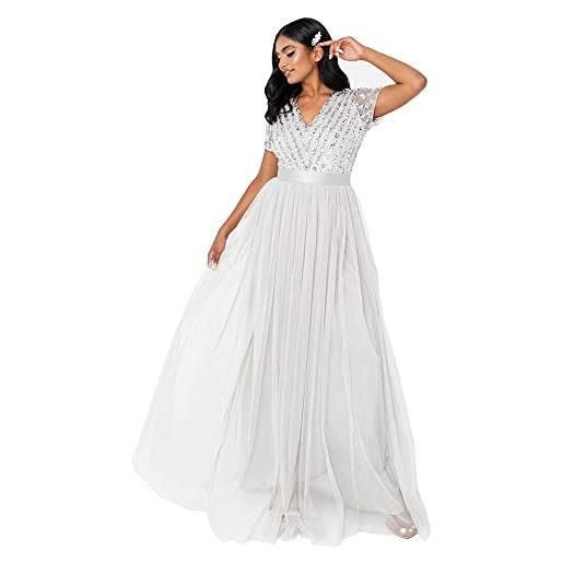 Maya Deluxe maxi dress for women ladies bridesmaid v-neck ball gown short sleeves long elegant empire waist wedding vestito per damigella d'onore, rosa satinato, 48 donna