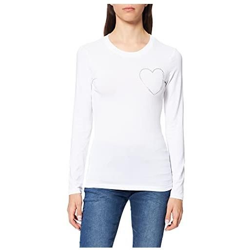 Love Moschino fitted long sleeved t-shirt with matching tone rhinestone heart and shiny print, bianco, 48 donna