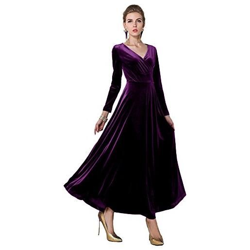 Urban GoCo donna vestiti vintage scollo a v lunga manica vestito velluto abito di sera prom abiti (s, voila)