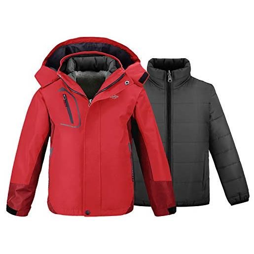 Wantdo giacca da sci 3 in 1 impermeabile invernale cappotto da snowboard con cappuccio staccabile antivento giubbotto da neve spesso montagna caldo bambino rosso 152-158