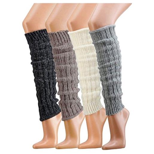 krautwear® - scaldamuscoli per gambe da donna, 4 paia di scaldamuscoli a maglia grossa con lana di alpaca e lana di alpaca, soffice, 30 cm, colore nero, bianco, grigio beige