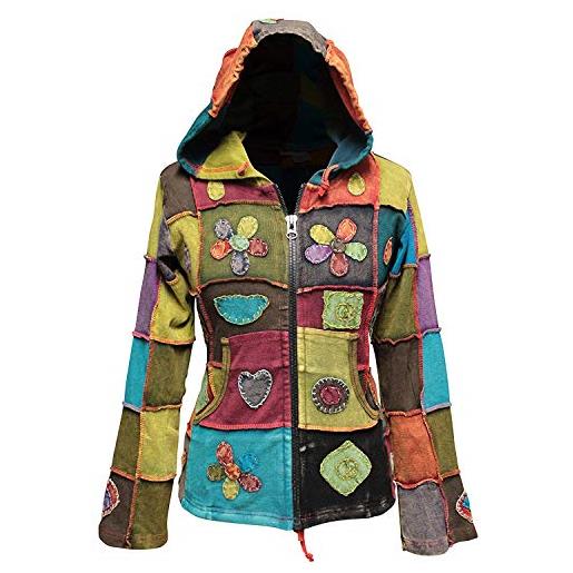 Shopoholic fashion - giacca con cappuccio da donna love peace, stile hippy, motivo patchwork, multi, 3xl