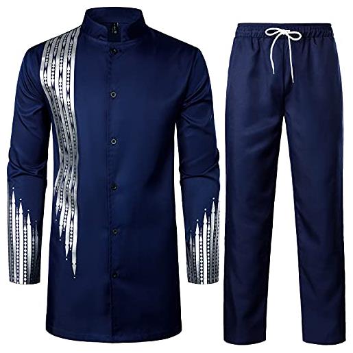 LucMatton abito da uomo 2 pezzi manica lunga con bottoni e pantaloni abito tradizionale etnico, blu reale b. , xl