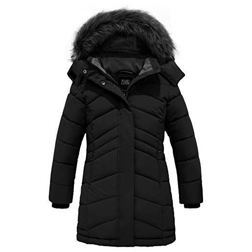 ZSHOW cappotto con cappuccio antivento giacca lunga caldo invernale giubbotto idrorepellente casual parka da viaggio spesso bambina nero 116-122