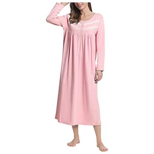 Joyaria, camicia da notte da donna, in cotone, a maniche lunghe, morbida, lunghezza intera intera con bottoni (rosa, l)