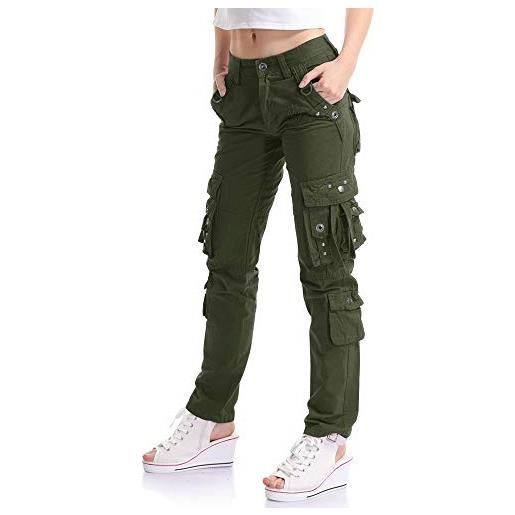 Ochenta - pantaloni cargo da donna, con 8 tasche, pantaloni militari, divisa da lavoro verde verde militare