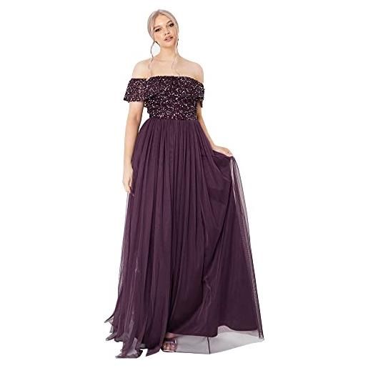 Maya Deluxe ladies bardot dress women maxi embellished hight empire waist sleeveless tulle for wedding guest prom graduation vestito per damigella d'onore, malva, 46 donna