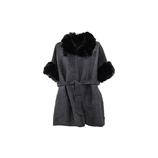 QUEEN HELENA poncho invernale caldo morbido con pelliccia mantella avvolgente scialle pellicciotto cappotto elegante donna mt03 (beige)