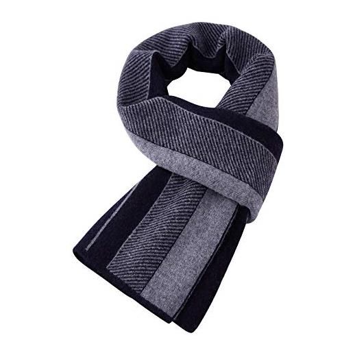 WANYING sciarpa di lana da uomo con 65% cachemire e 35% lana sciarpa a maglia di cashmere da uomo super calda morbida casual business - a righe blu scuro e grigio
