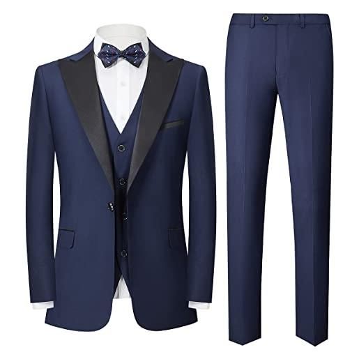 Sliktaa abiti da uomo 3 pezzi set slim fit monopetto un bottone formale smoking abito da sposa business performance blazer gilet pantaloni, blu, l