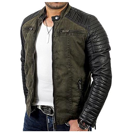 Redbridge - giacca da uomo, stile motociclista, in vera pelle e cotone con inserti trapuntati kaki scuro - cotone. 2xl