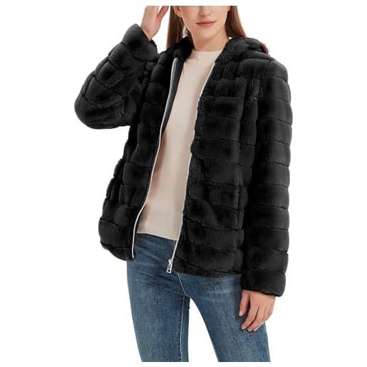 Geschallino cappotto in pelliccia sintetica da donna, giacca con cappuccio sfocato in pile 1801 nero xxl