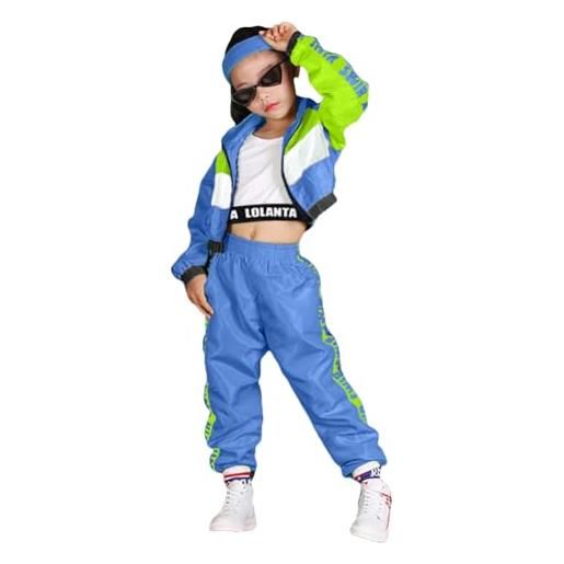 LOLANTA set di abbigliamento hip-hop per ragazze 3 pezzi, vestito per bambini per street dance, gilet corto, giacca blu fluorescente e pantaloni jogger, blu scuro， 150
