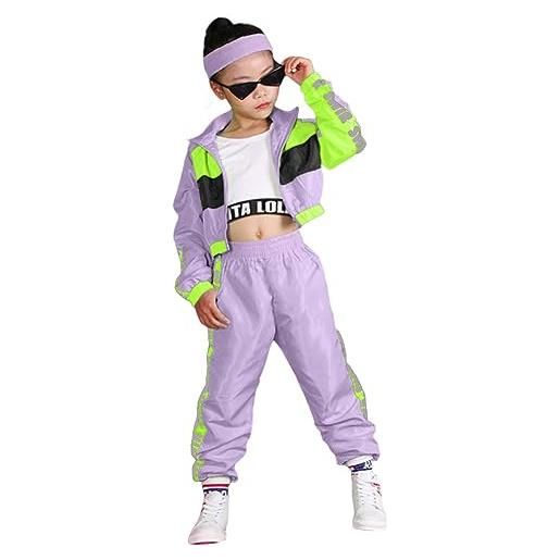 LOLANTA set di abbigliamento hip-hop per ragazze 3 pezzi, vestito per bambini per street dance, gilet corto, giacca rosa rossa fluorescente e pantaloni jogger, rosa rossa, 170