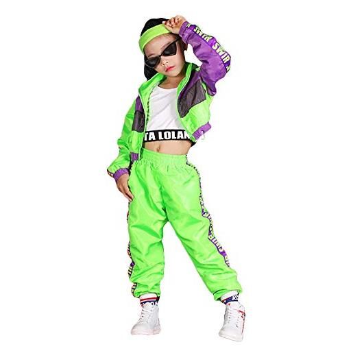 LOLANTA set di abbigliamento hip-hop per ragazze 3 pezzi, vestito per bambini per street dance, gilet corto, giacca blu fluorescente e pantaloni jogger, blu, 130
