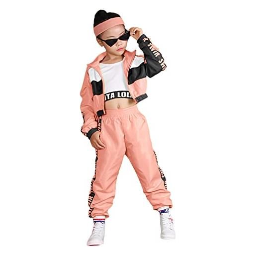 LOLANTA set di abbigliamento hip-hop per ragazze 3 pezzi, vestito per bambini per street dance, gilet corto, giacca viola fluorescente e pantaloni jogger, viola, 150