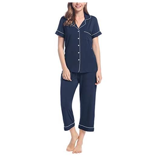 Joyaria pigiama corto da donna, a 3/4, con bottoni, a maniche corte, a 2 pezzi, pois blu navy, xxl