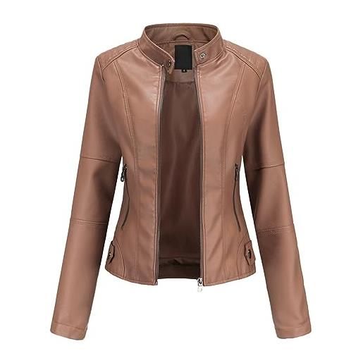 YYNUDA giacca in pelle da donna, corta, per le mezze stagioni, in ecopelle, con chiusura lampo, per autunno（beige s）