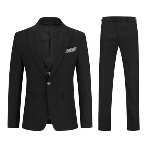 YOUTHUP abito da uomo 3 pezzi slim fit nozze smoking colletto a punta formale giacca e gilet e pantaloni fazzoletto da taschino nero, 2xl