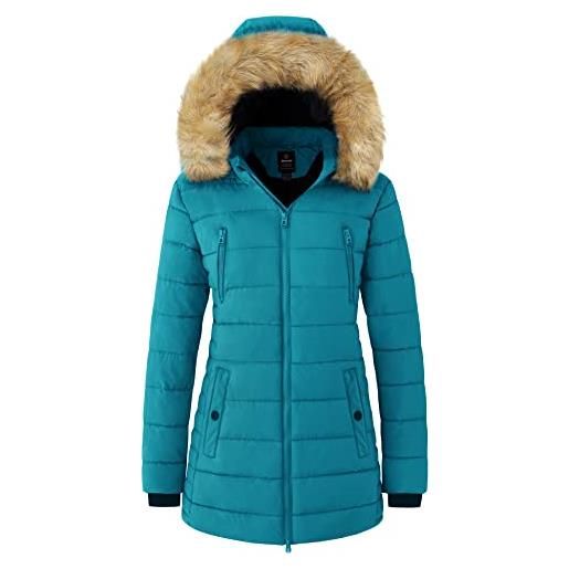 Wantdo cappotto caldo invernale giacca media lunga antivento parka con cappuccio staccabile in pelliccia giubbotto slim fit idrorepellente donna blu oltremare s