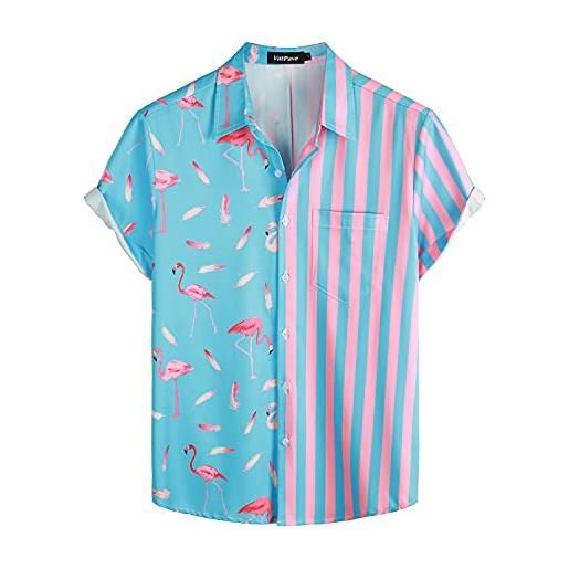 VATPAVE, camicia da uomo hawaiana con fenicotteri, stile casual, a maniche corte, estiva, fenicottero blu. , 3xl