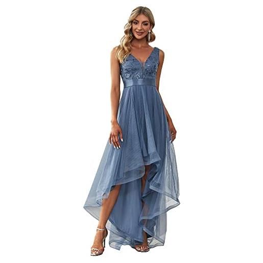 Ever-Pretty vestiti da cerimonia e ballo stile impero linea ad a scollo a v hi-low elegante tulle donna blu polveroso 44