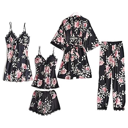Danfiki - set di pigiameria da donna, in raso di seta, 5 pezzi, motivo floreale, con pizzo, rosa, xxl