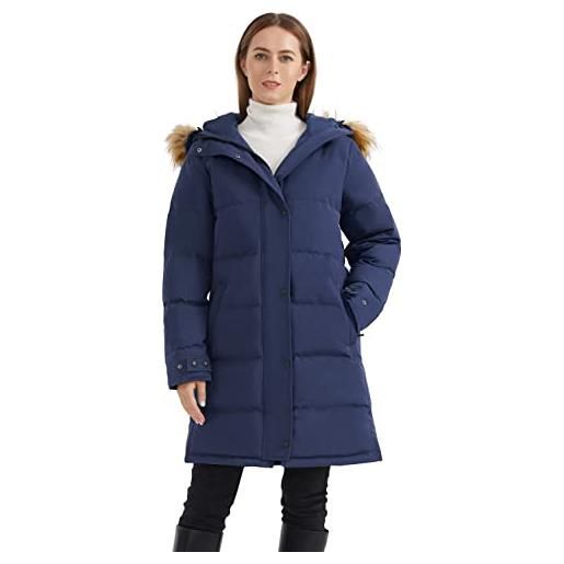 OROLAY piumino imbottito invernale da donna con cappuccio e pelliccia sintetica marina militare xxl