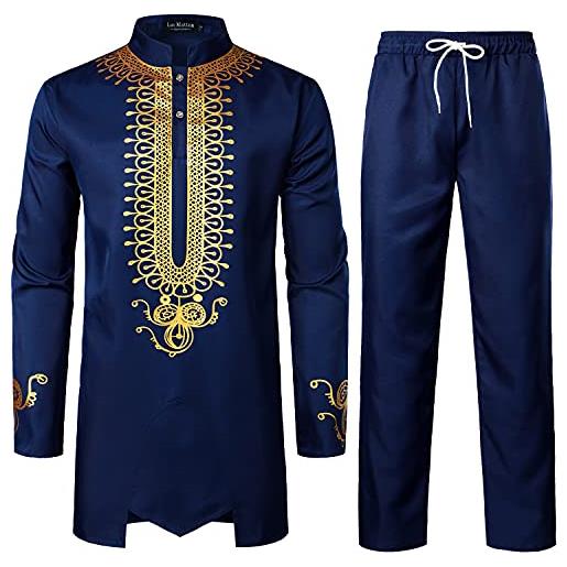 LucMatton completo da uomo a 2 pezzi a maniche lunghe con stampa dorata tradizionale tunica camicia e pantaloni set etnico, azzurro chiaro, xx-large