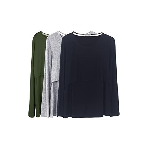 Smallshow donna top per allattamento a maniche lunghe 3 pack, black/grey/deep green, l
