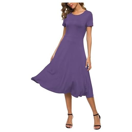 EXCHIC donna manica corta tinta unita girocollo elastico a-line vestito casuale eleganti girocollo midi abito(xxl, nero)