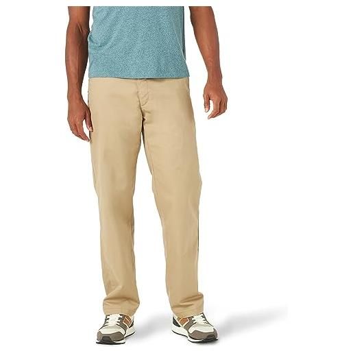 Lee men's total freedom stretch relaxed fit flat front pant, khaki, 42w x 34l