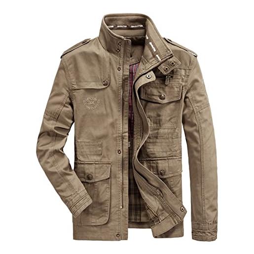 MERCIYD giacca da uomo per le mezze stagioni, con colletto alto, in cotone, con tasche multiple, marrone, s