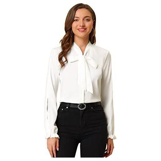 Allegra K camicia da donna elegante con scollo a fiocco e volant a maniche lunghe da lavoro in chiffon, bianco, 48