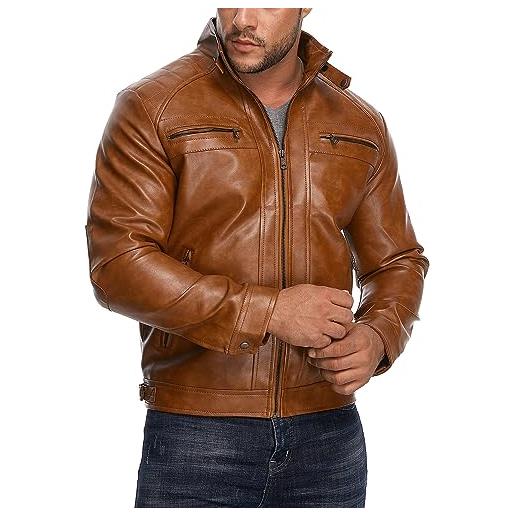 HOOD CREW giacca da uomo in pelle con colletto alla coreana casual in ecopelle giacca da motociclo cappotto con tasche con cerniera, marrone, medium