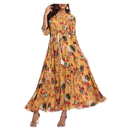 Teemie abito lungo donna vestito floreale casual vestiti elegante estivo maxi abiti lunghi lunga spiaggia v scollo manica corta/media boho estate vita alta con cintura cocktail sera banchetto vacanza