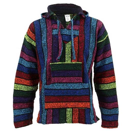 Siesta mexican baja jerga red and black hooded hippie top (xl)