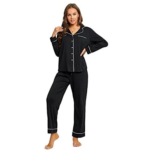 Dobreva set pigiama da donna manica lungo pantalone pigiami due pezzi con bottoni cotone camicie da notte nero 44