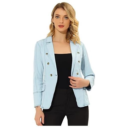 Allegra K giacca jeans da donna con risvolto a maniche lunghe in denim da lavoro con tasche, blu medio. , l