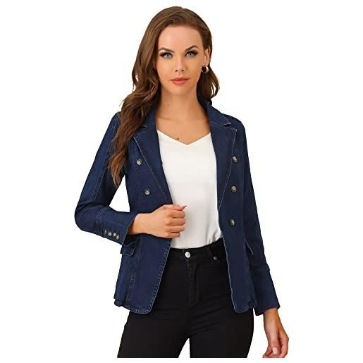 Allegra K giacca jeans da donna con risvolto a maniche lunghe in denim da lavoro con tasche, blu medio. , l