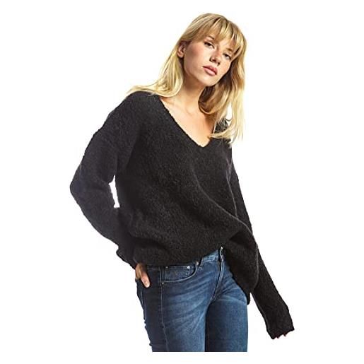 ETERKNITY - maglione donna ampio con scollo a v in misto lana morbida, nero, l