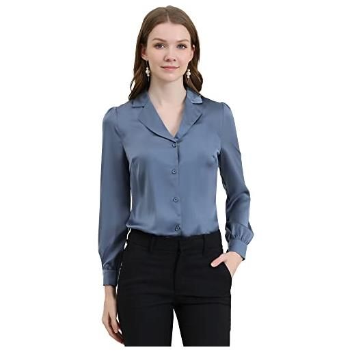 Allegra K camicia da ufficio in raso a maniche lunghe, elegante colletto da campo, da donna, grigio blu, 40