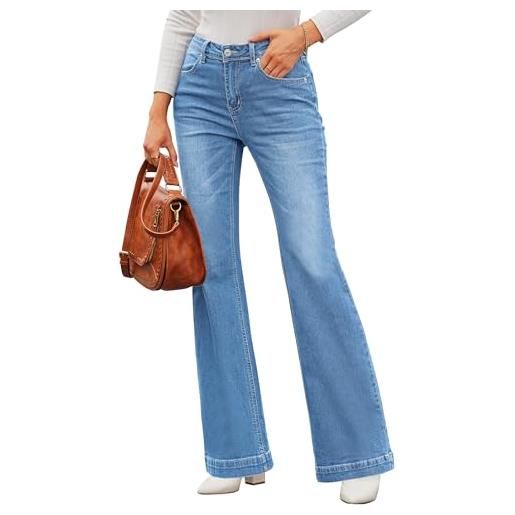 Roskiky - pantaloni jeans a zampa da donna, larghi, a vita alta, stile baggy, elasticizzati, celeste, xl
