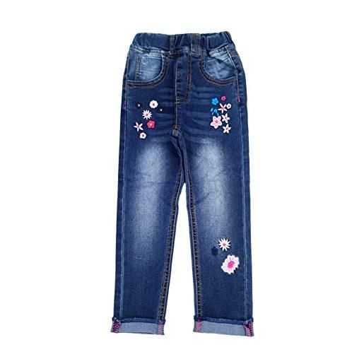 KIDSCOOL SPACE pantaloni jeans slim con decorazioni a fiori piccoli ricamati per ragazze, blu, 5-6 anni
