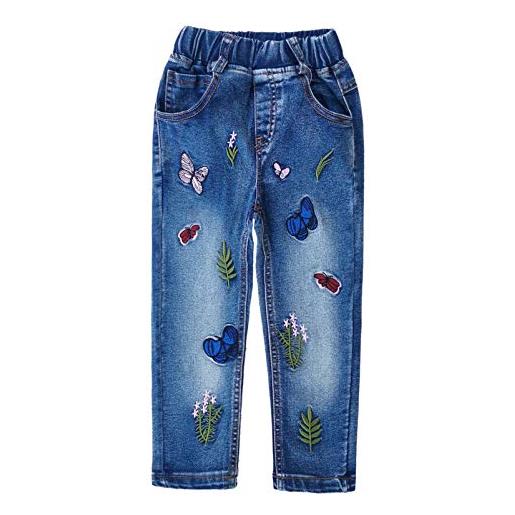 KIDSCOOL SPACE pantaloni jeans con erba ricamata bambina, blu, 6-7 anni