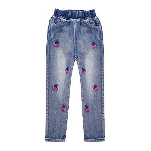KIDSCOOL SPACE pantaloni jeans con erba ricamata bambina, blu, 14-15 anni