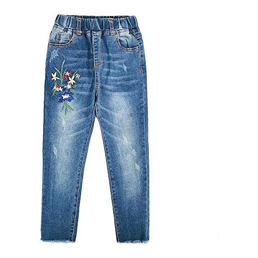 KIDSCOOL SPACE jeans ricamati da bambina, pantaloni con fondo in denim elasticizzato in vita da bambina, blu, 11-12 anni